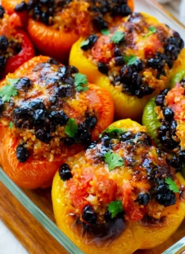 Colorful easy vegetarian stuffed peppers filled with rice and vegetables