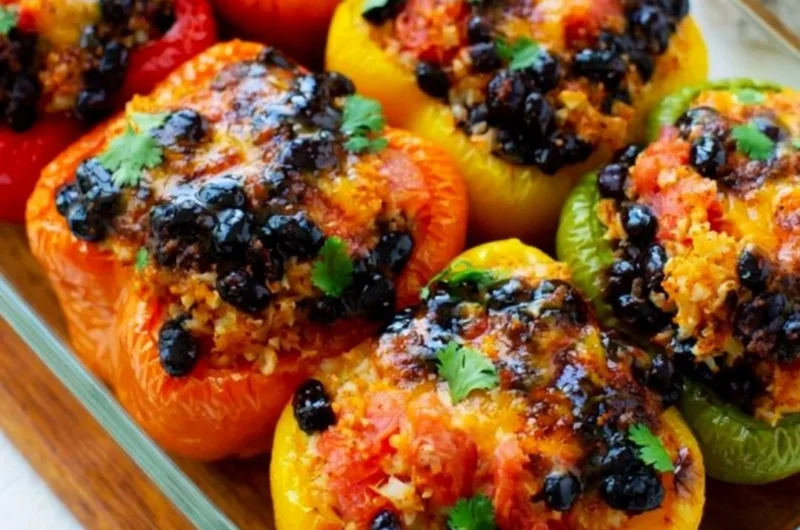 Colorful easy vegetarian stuffed peppers filled with rice and vegetables