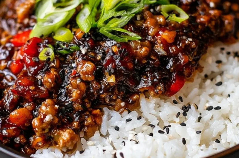 Spicy Firecracker Ground Chicken served with vegetables and herbs