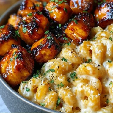 Plate of Honey Garlic Butter Chicken served with creamy mac and cheese