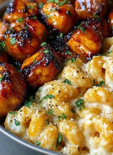 Plate of Honey Garlic Butter Chicken served with creamy mac and cheese