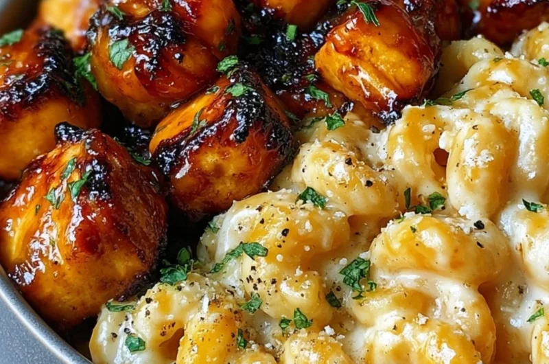 Plate of Honey Garlic Butter Chicken served with creamy mac and cheese