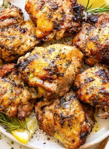 Lemon and garlic Greek marinated chicken served with fresh herbs on a plate