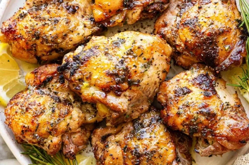Lemon and garlic Greek marinated chicken served with fresh herbs on a plate