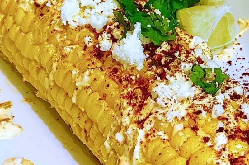 Delicious Mexican corn elotes topped with cheese and chili powder.