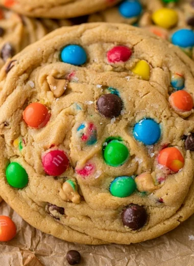 Delicious Peanut Butter M&M Cookies with colorful candy coating