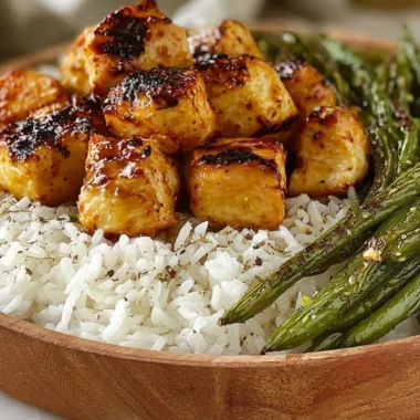 Delicious honey mustard chicken bowls with vegetables and rice.