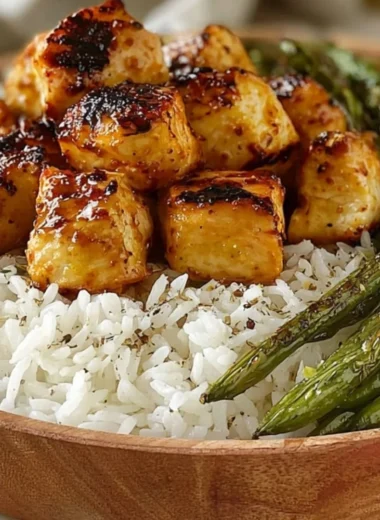 Delicious honey mustard chicken bowls with vegetables and rice.