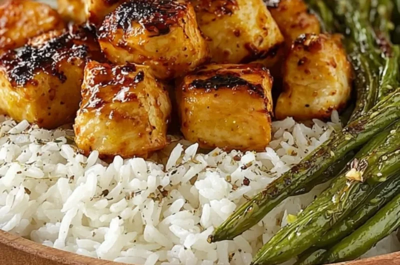 Delicious honey mustard chicken bowls with vegetables and rice.