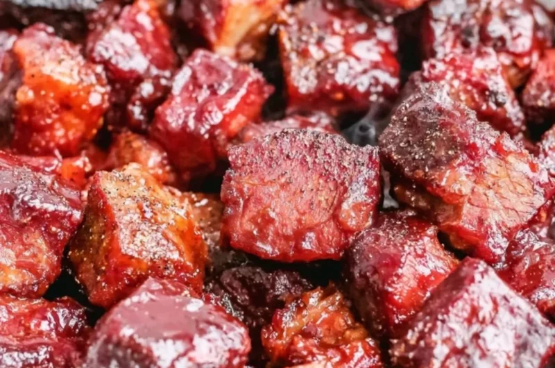 Delicious Poor Man's Burnt Ends served on a plate with BBQ sauce.