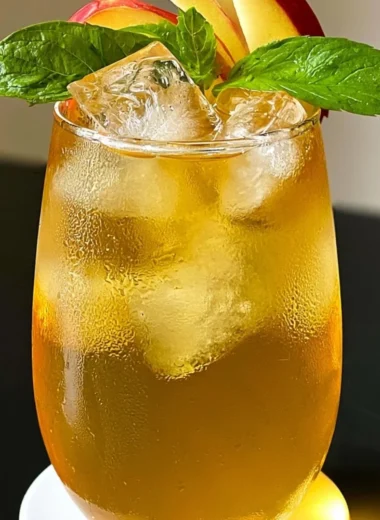 Glass of refreshing iced apple green tea with apple slices and mint leaves