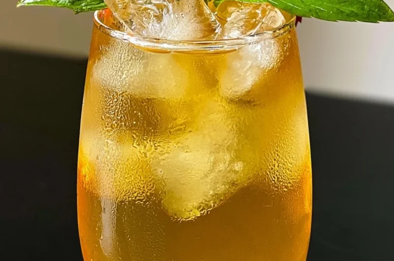Glass of refreshing iced apple green tea with apple slices and mint leaves