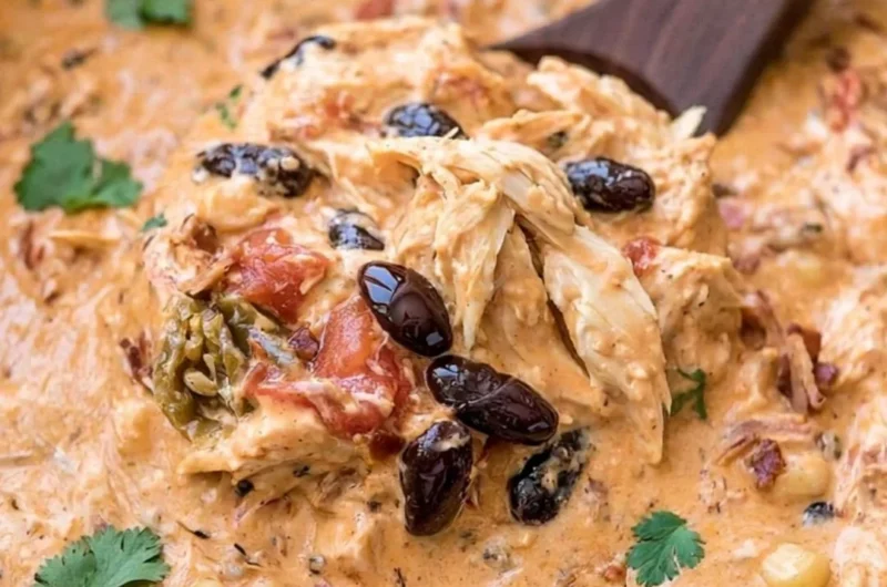 Creamy Slow Cooker Crack Chicken Chili with cream cheese and spices