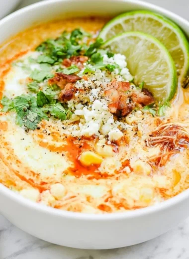 Bowl of Slow Cooker Mexican Street Corn Soup topped with cilantro and lime