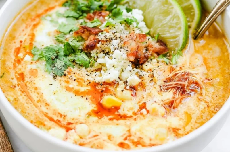 Bowl of Slow Cooker Mexican Street Corn Soup topped with cilantro and lime