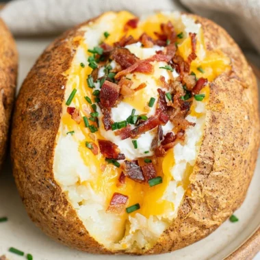 Smoked baked potato with toppings and herbs on a wooden table