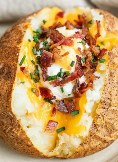 Smoked baked potato with toppings and herbs on a wooden table