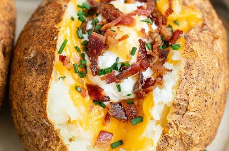 Smoked baked potato with toppings and herbs on a wooden table
