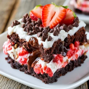 Delicious slice of Strawberry Earthquake Cake topped with strawberries and cream