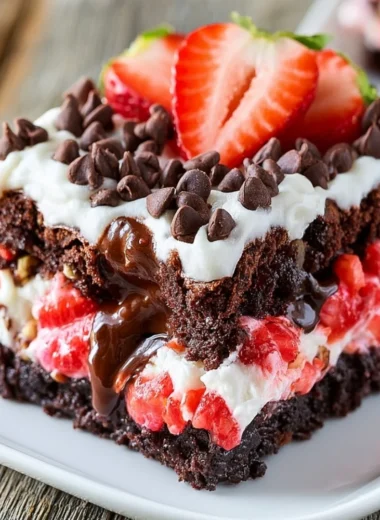 Delicious slice of Strawberry Earthquake Cake topped with strawberries and cream