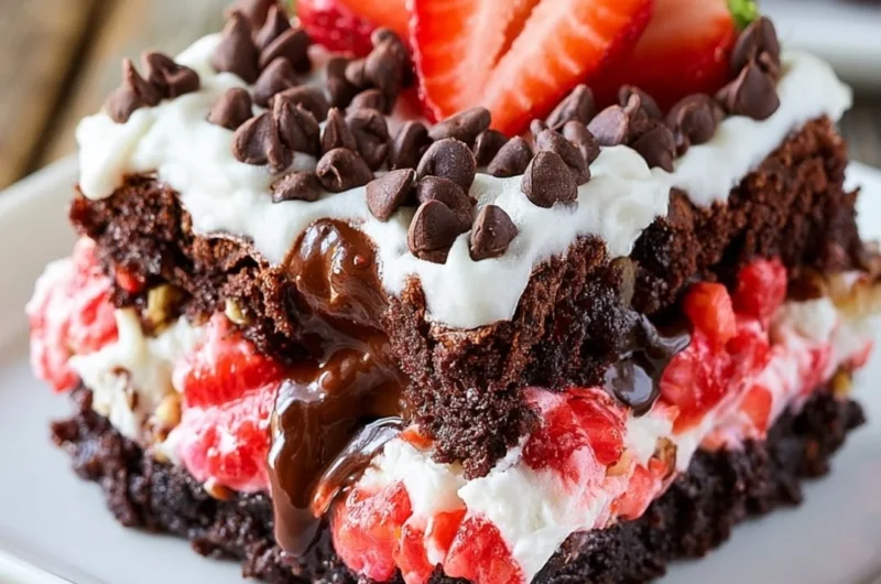 Delicious slice of Strawberry Earthquake Cake topped with strawberries and cream