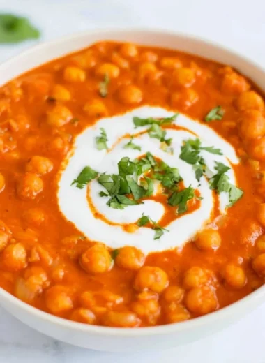 Delicious vegan chickpea curry served in a bowl with spices and herbs.