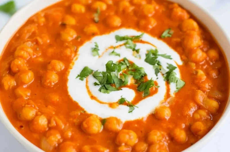 Delicious vegan chickpea curry served in a bowl with spices and herbs.