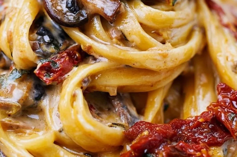 Delicious sun-dried tomato mushroom pasta served in a cozy bowl