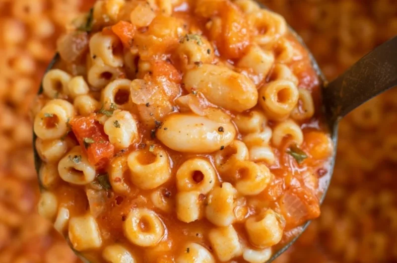 Bowl of hearty Pasta Fagioli soup topped with herbs and served with crusty bread.