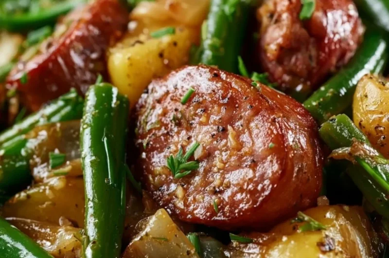 Cozy Crockpot Sausage with Green Beans in a slow cooker for a delicious meal.