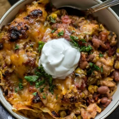 Healthy chicken casserole dish with vegetables and herbs in a baking dish