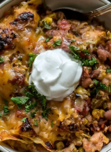 Healthy chicken casserole dish with vegetables and herbs in a baking dish
