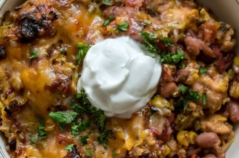 Healthy chicken casserole dish with vegetables and herbs in a baking dish