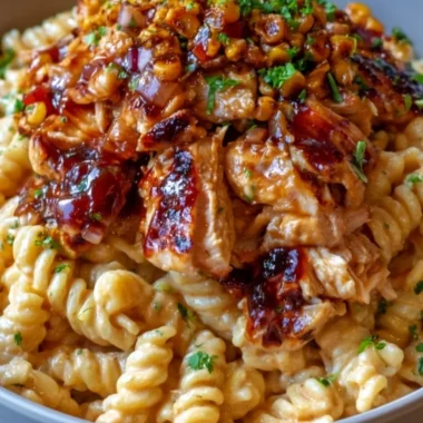 High protein BBQ chicken pasta salad with fresh vegetables and BBQ sauce