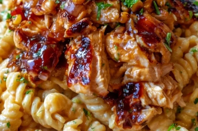 High protein BBQ chicken pasta salad with fresh vegetables and BBQ sauce