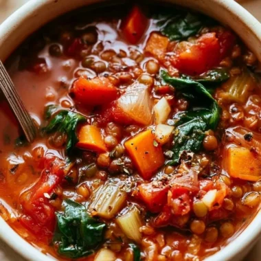 Bowl of Mediterranean Lentil Soup garnished with herbs and served with bread
