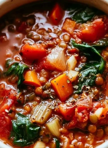 Bowl of Mediterranean Lentil Soup garnished with herbs and served with bread
