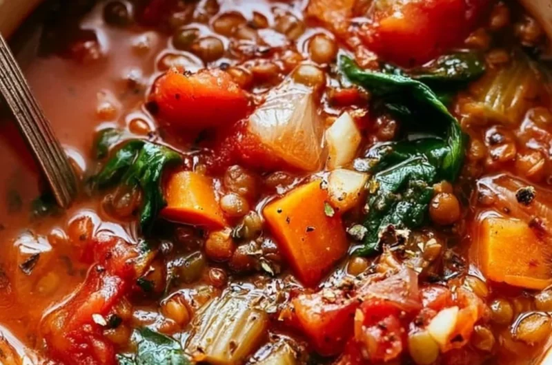 Bowl of Mediterranean Lentil Soup garnished with herbs and served with bread