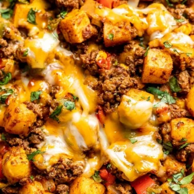 Mexican ground beef and potato skillet in a frying pan