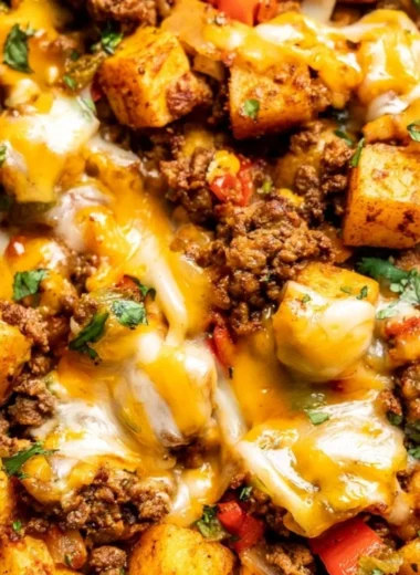 Mexican ground beef and potato skillet in a frying pan
