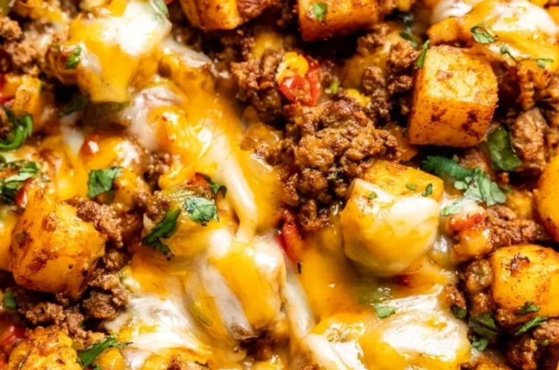 Mexican ground beef and potato skillet in a frying pan